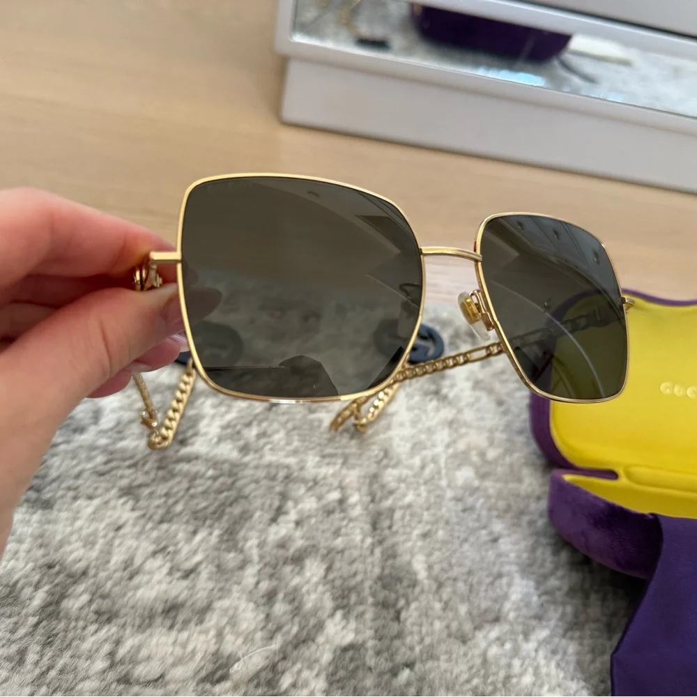 Gucci Gold Metal Square Sunglasses with Dark Gray Lenses